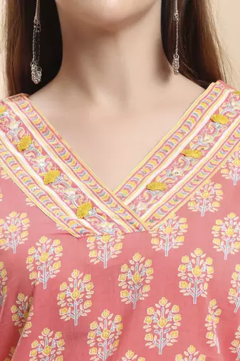 pink pure cotton beads and stones straight kurta trouser dupatta set