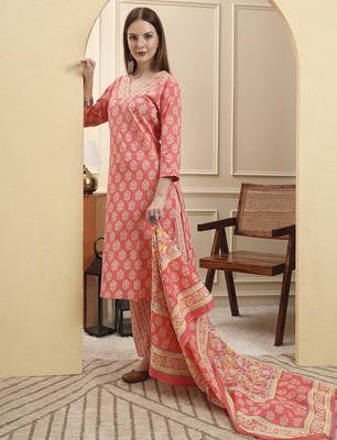 pink pure cotton beads and stones straight kurta trouser dupatta set 5