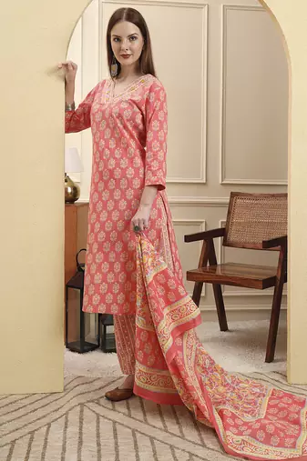 pink pure cotton beads and stones straight kurta trouser dupatta set