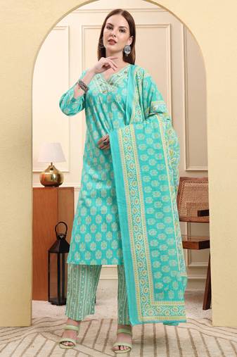 Yufta sea green pure cotton beads and stones straight kurta trouser dupatta set