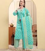 sea green pure cotton beads and stones straight kurta trouser dupatta set