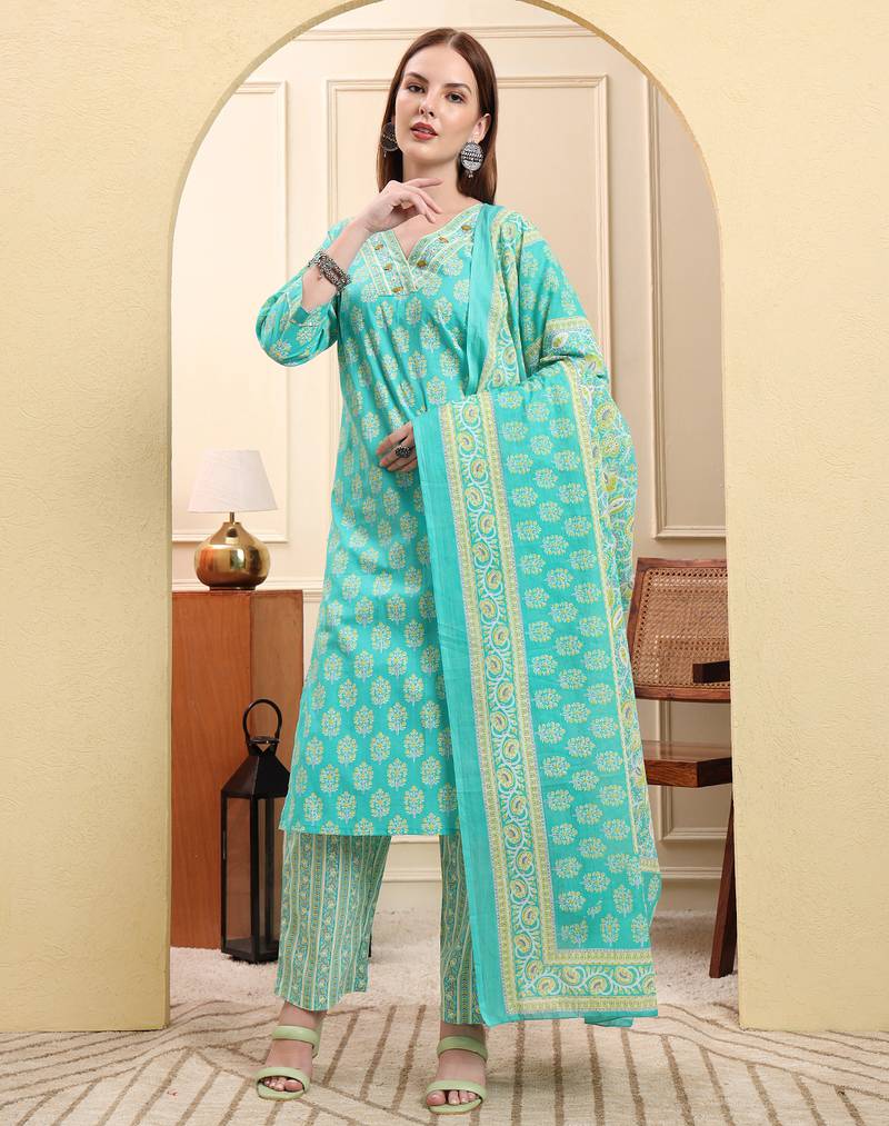 Yufta sea green pure cotton beads and stones straight kurta trouser dupatta set