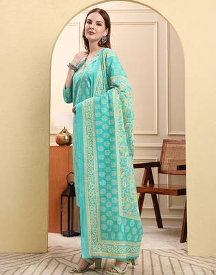 sea green pure cotton beads and stones straight kurta trouser dupatta set 2