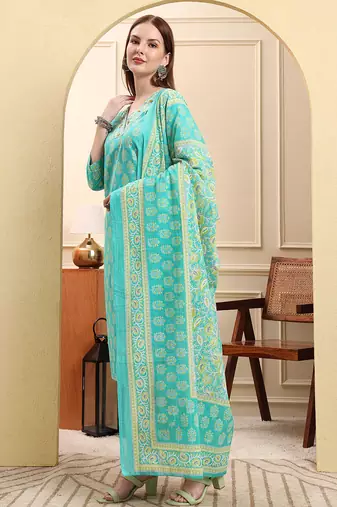 sea green pure cotton beads and stones straight kurta trouser dupatta set