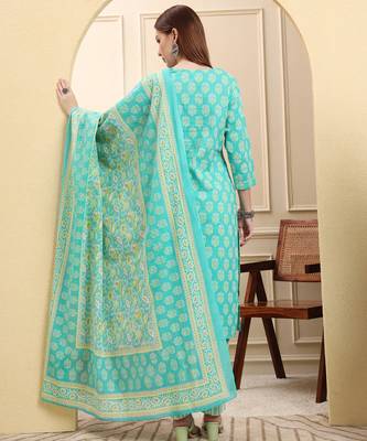 sea green pure cotton beads and stones straight kurta trouser dupatta set 3