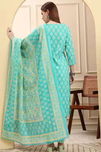 sea green pure cotton beads and stones straight kurta trouser dupatta set