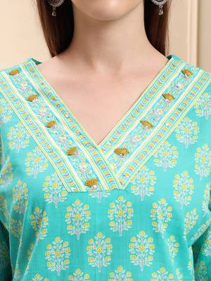 sea green pure cotton beads and stones straight kurta trouser dupatta set 4
