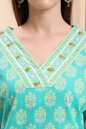 sea green pure cotton beads and stones straight kurta trouser dupatta set