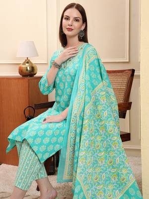 sea green pure cotton beads and stones straight kurta trouser dupatta set 5