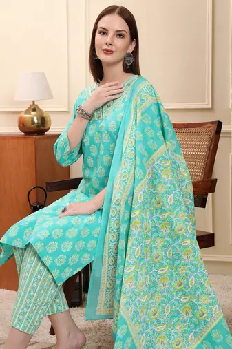 sea green pure cotton beads and stones straight kurta trouser dupatta set