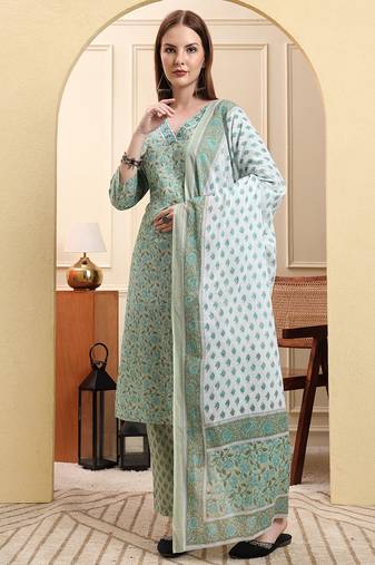 Yufta sea green pure cotton floral sequins-work straight kurta trouser dupatta set