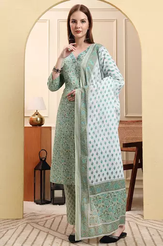 Yufta sea green pure cotton floral sequins-work straight kurta trouser dupatta set