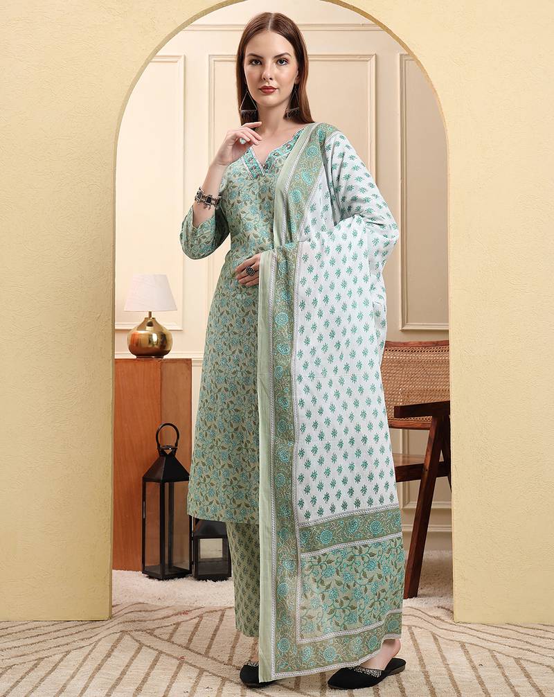 Yufta sea green pure cotton floral sequins-work straight kurta trouser dupatta set