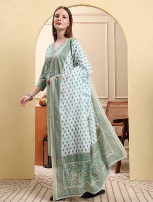 sea green pure cotton floral sequins-work straight kurta trouser dupatta set 2