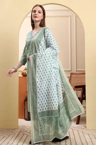 sea green pure cotton floral sequins-work straight kurta trouser dupatta set
