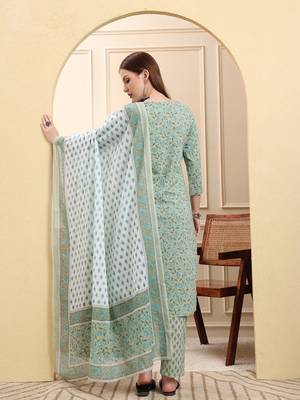 sea green pure cotton floral sequins-work straight kurta trouser dupatta set 3