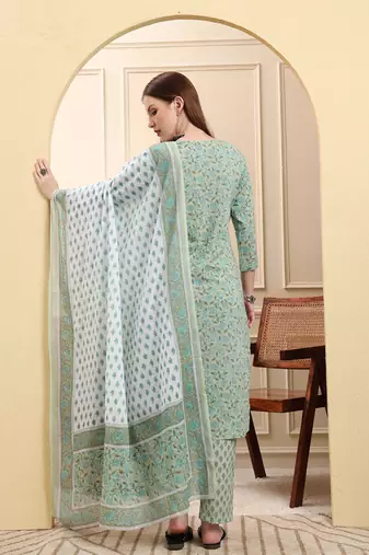 sea green pure cotton floral sequins-work straight kurta trouser dupatta set