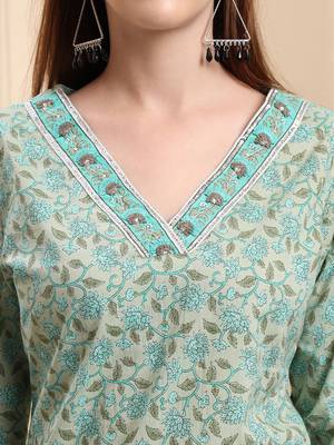 sea green pure cotton floral sequins-work straight kurta trouser dupatta set 4