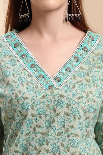 sea green pure cotton floral sequins-work straight kurta trouser dupatta set