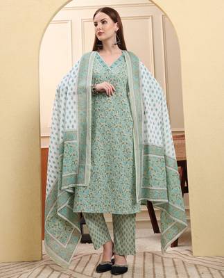sea green pure cotton floral sequins-work straight kurta trouser dupatta set 5