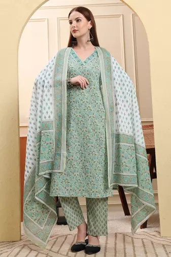 sea green pure cotton floral sequins-work straight kurta trouser dupatta set