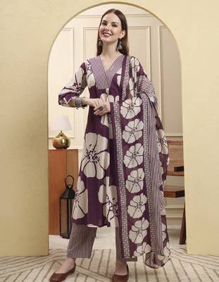 purple floral a-line kurta trouser dupatta set 1