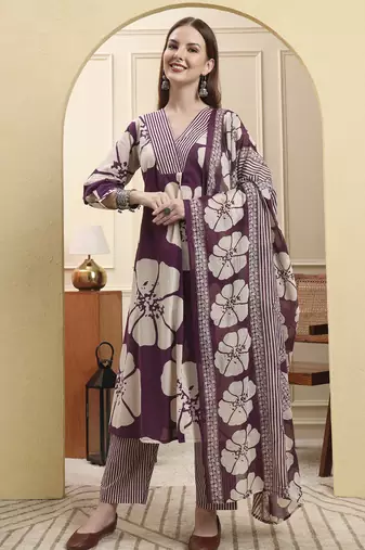 Yufta purple floral a-line kurta trouser dupatta set