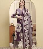 purple floral a-line kurta trouser dupatta set