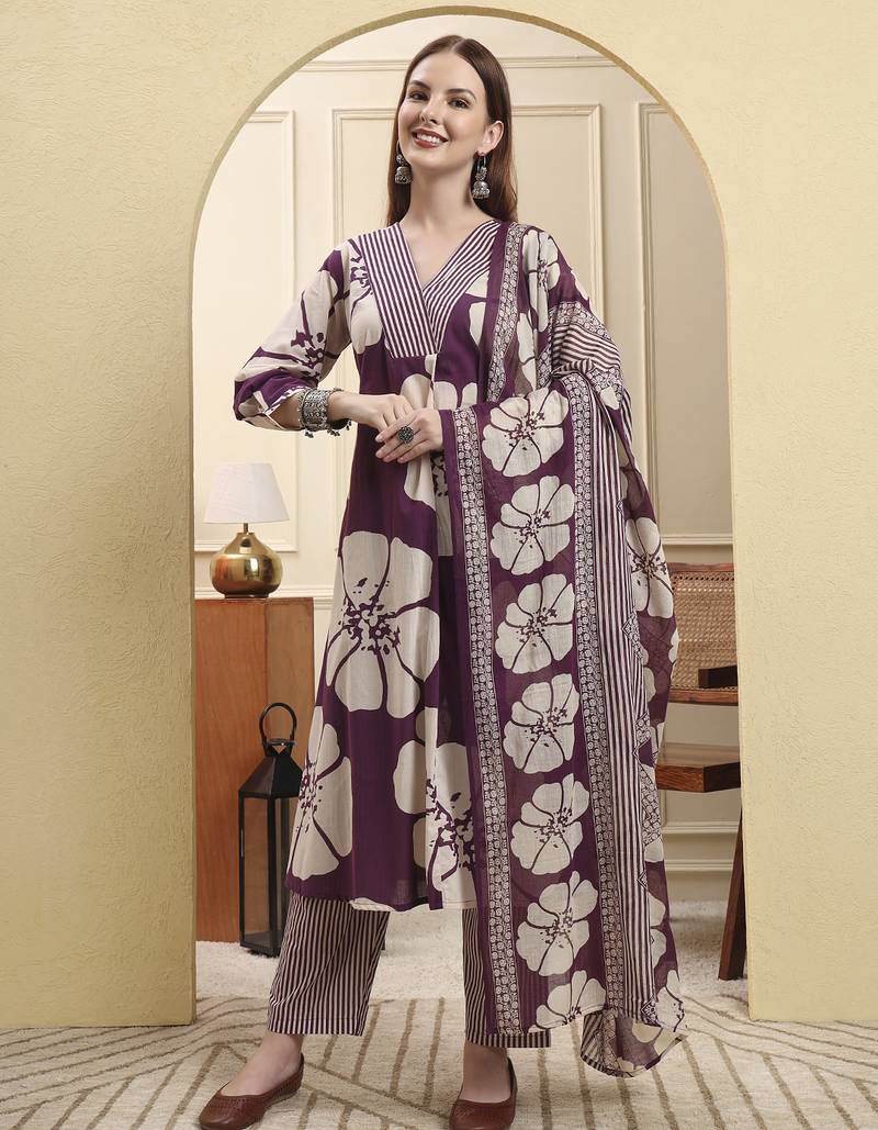 Yufta purple floral a-line kurta trouser dupatta set