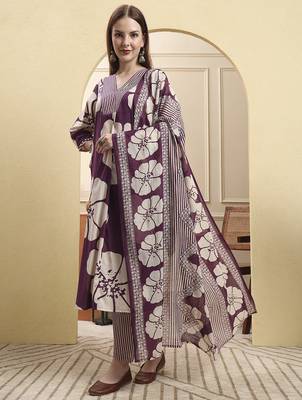 purple floral a-line kurta trouser dupatta set 2