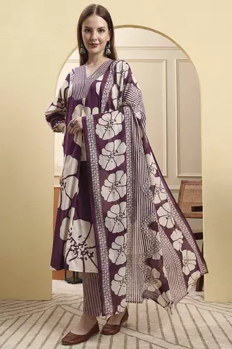 purple floral a-line kurta trouser dupatta set