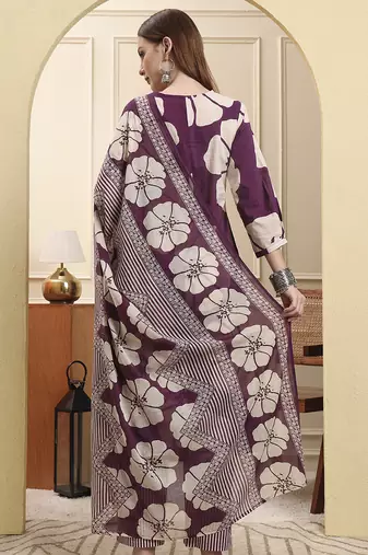 purple floral a-line kurta trouser dupatta set