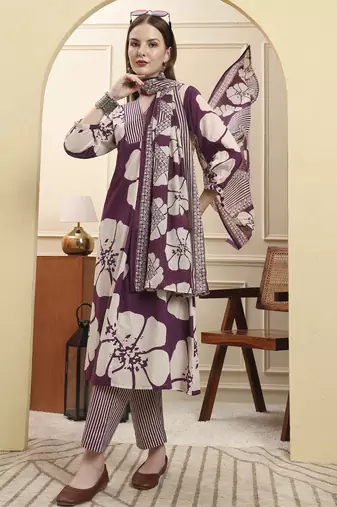 purple floral a-line kurta trouser dupatta set