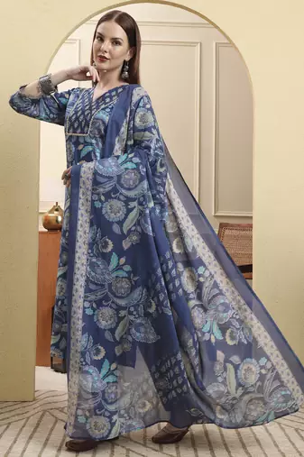Yufta blue beads and stones straight kurta trouser dupatta set