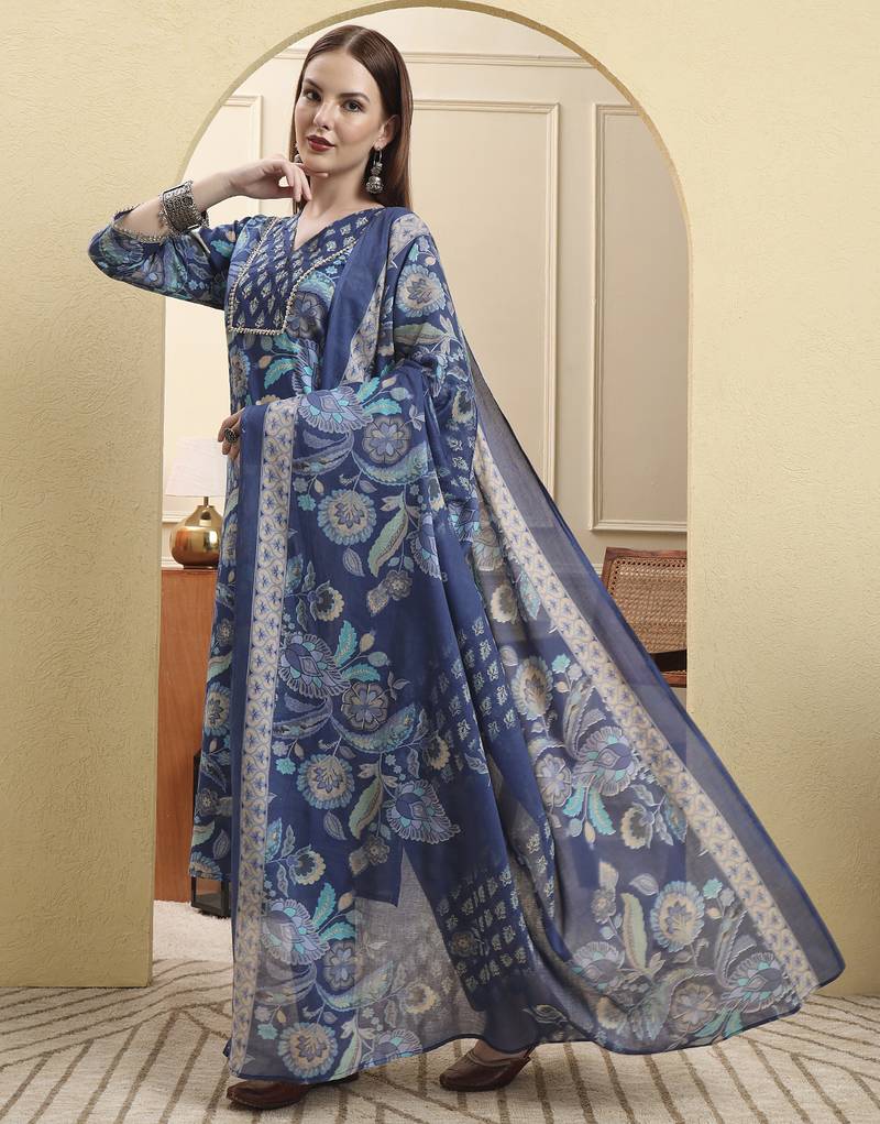 Yufta blue beads and stones straight kurta trouser dupatta set