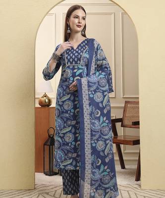 blue beads and stones straight kurta trouser dupatta set 2