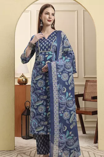 blue beads and stones straight kurta trouser dupatta set