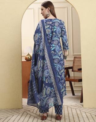 blue beads and stones straight kurta trouser dupatta set 3