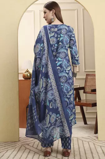 blue beads and stones straight kurta trouser dupatta set