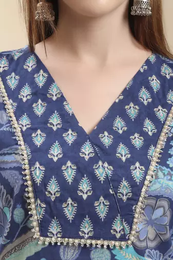 blue beads and stones straight kurta trouser dupatta set