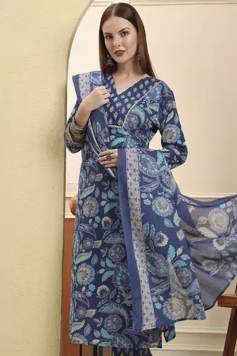 blue beads and stones straight kurta trouser dupatta set