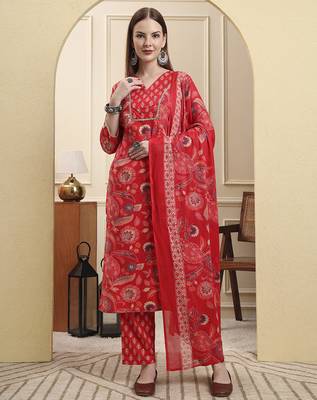 red beads and stones straight kurta trouser dupatta set 1