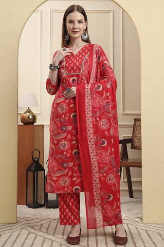 Yufta red beads and stones straight kurta trouser dupatta set