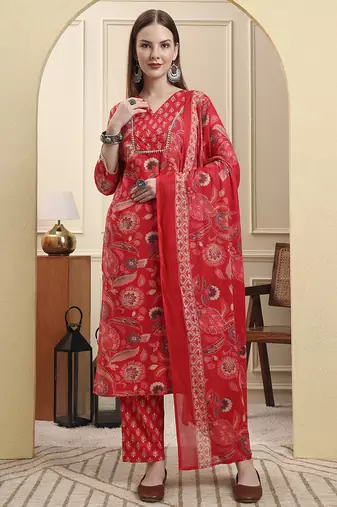 Yufta red beads and stones straight kurta trouser dupatta set