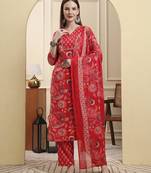 red beads and stones straight kurta trouser dupatta set