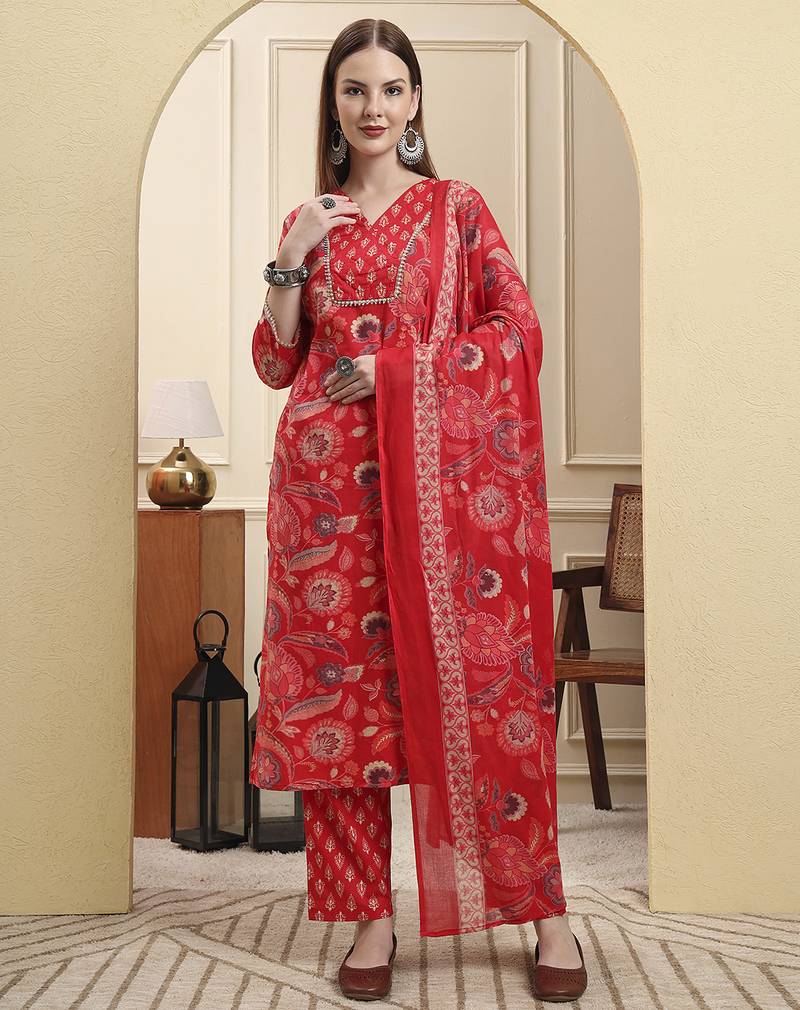 Yufta red beads and stones straight kurta trouser dupatta set