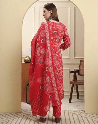 red beads and stones straight kurta trouser dupatta set 3