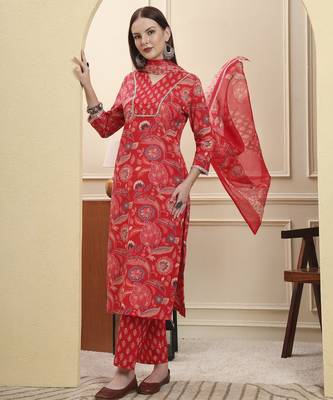 red beads and stones straight kurta trouser dupatta set 5