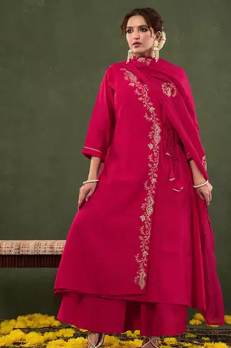 Yufta pink silk blend dori embroidery angrakha kurta set with divider palazzo
