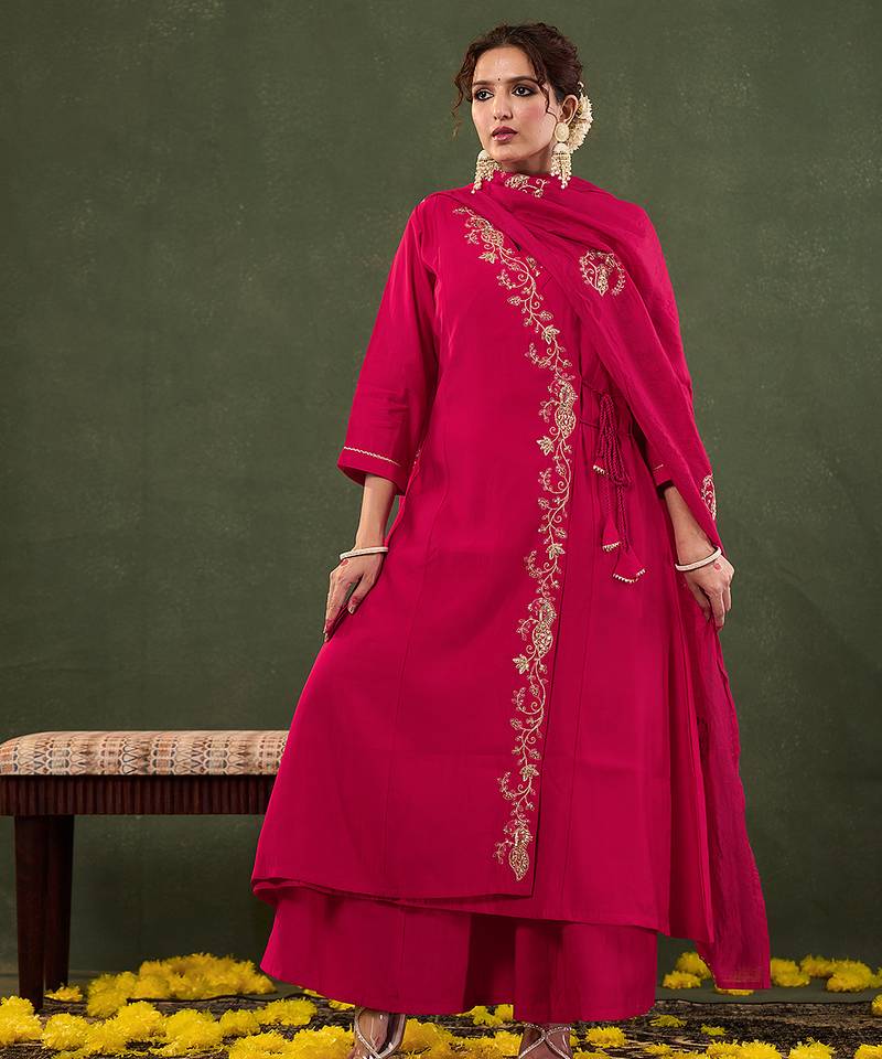 Yufta pink silk blend dori embroidery angrakha kurta set with divider palazzo